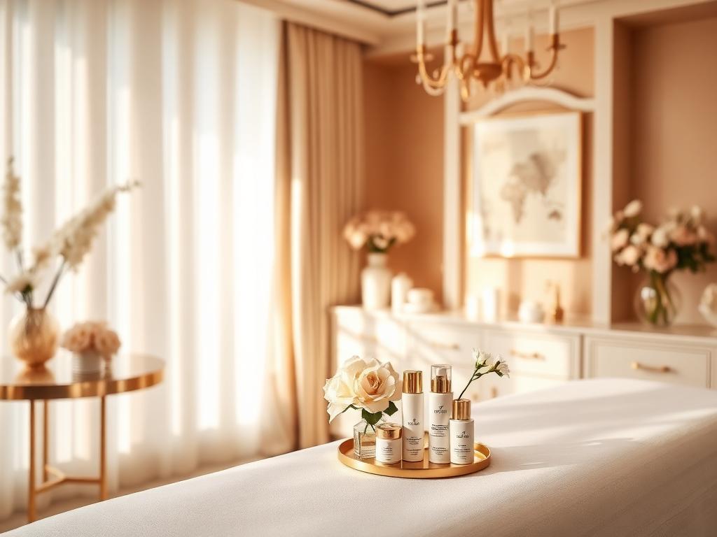 Sala de tratamiento elegante con productos de skincare y decoración cuidada